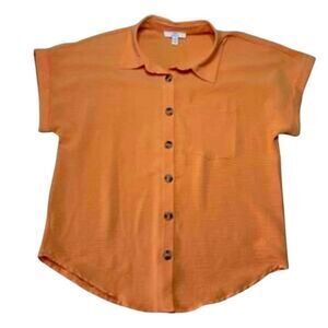 Como Vintage Women's Orange Button Front Short Cuffed Sleeves Top